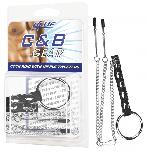 BLUE LINE C&B GEAR Cock Ring With Nipple Tweezers - Farbe: PVC & Metall